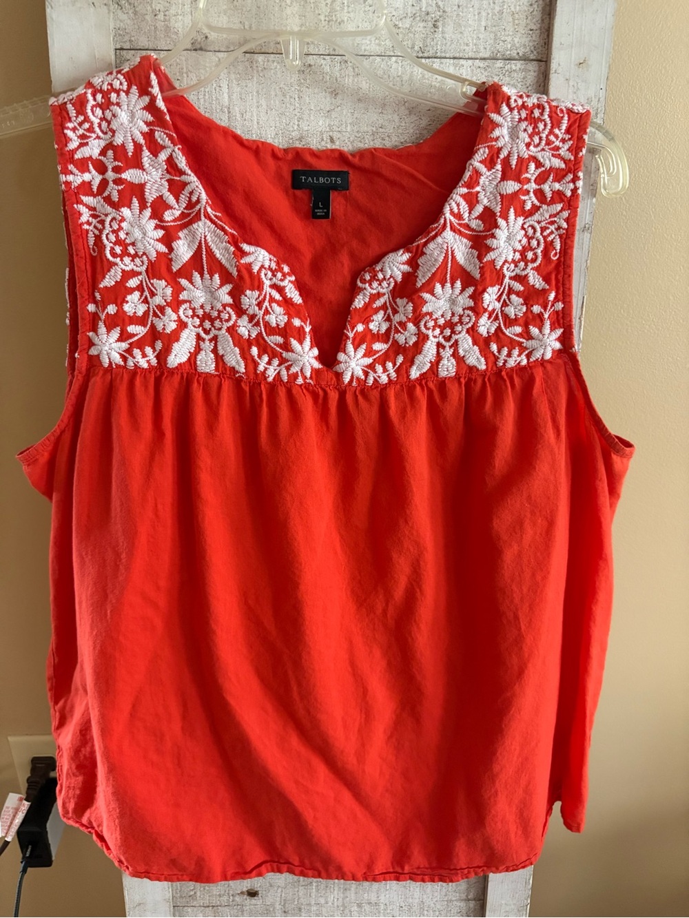 Talbots Orange Sleeveless Embroidered Yoke Top